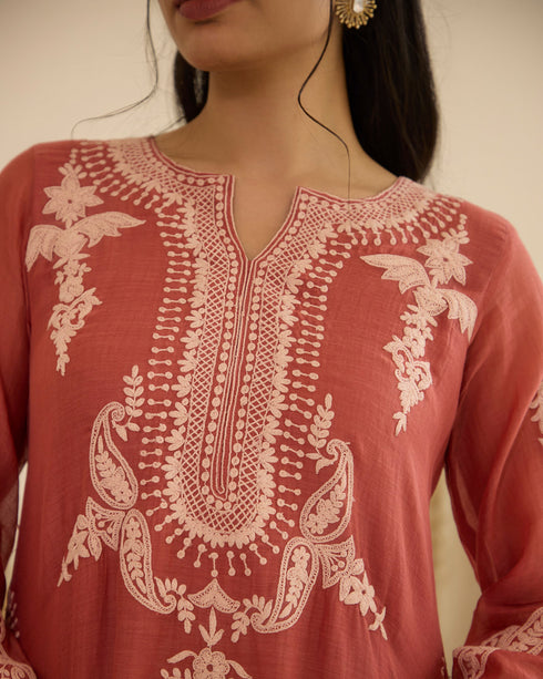 Rust Blush – Dori Embroidered A-Line Suit Set With Pockets